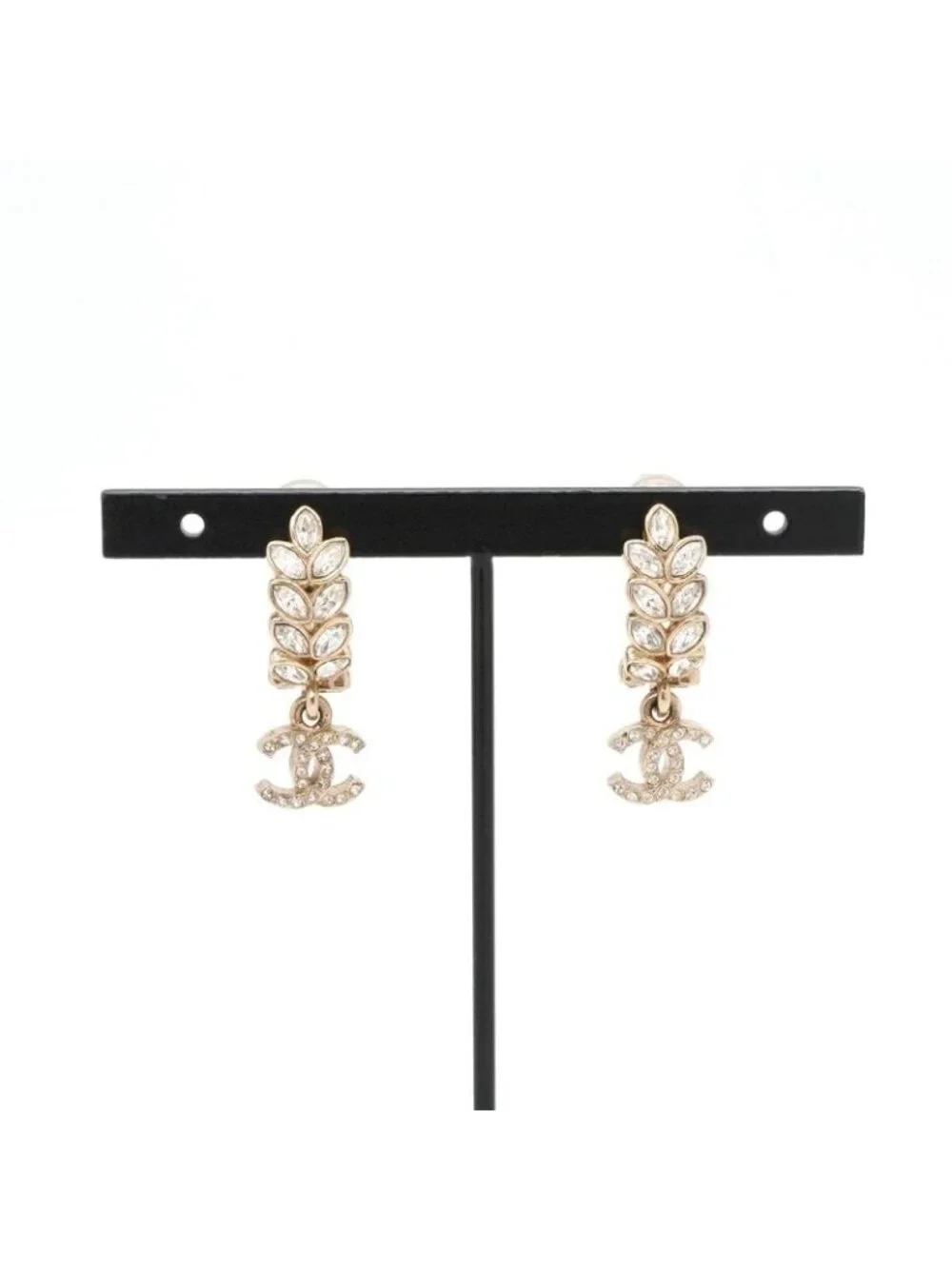 Chanel Earrings Gold CC Logo Rhinestone Leaf Motif